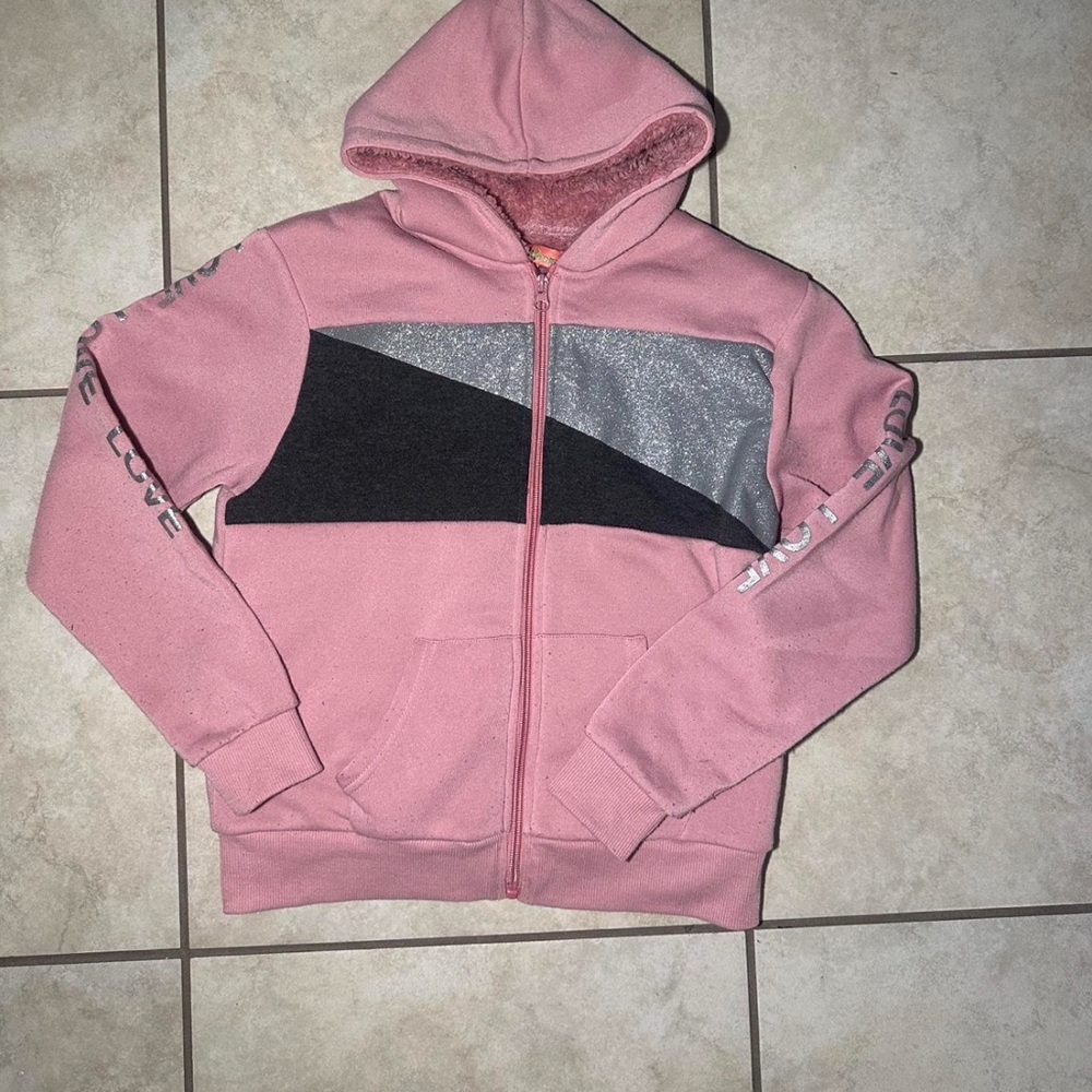 Girls' Pink Hooded Zip Jacket with Glitter Panel